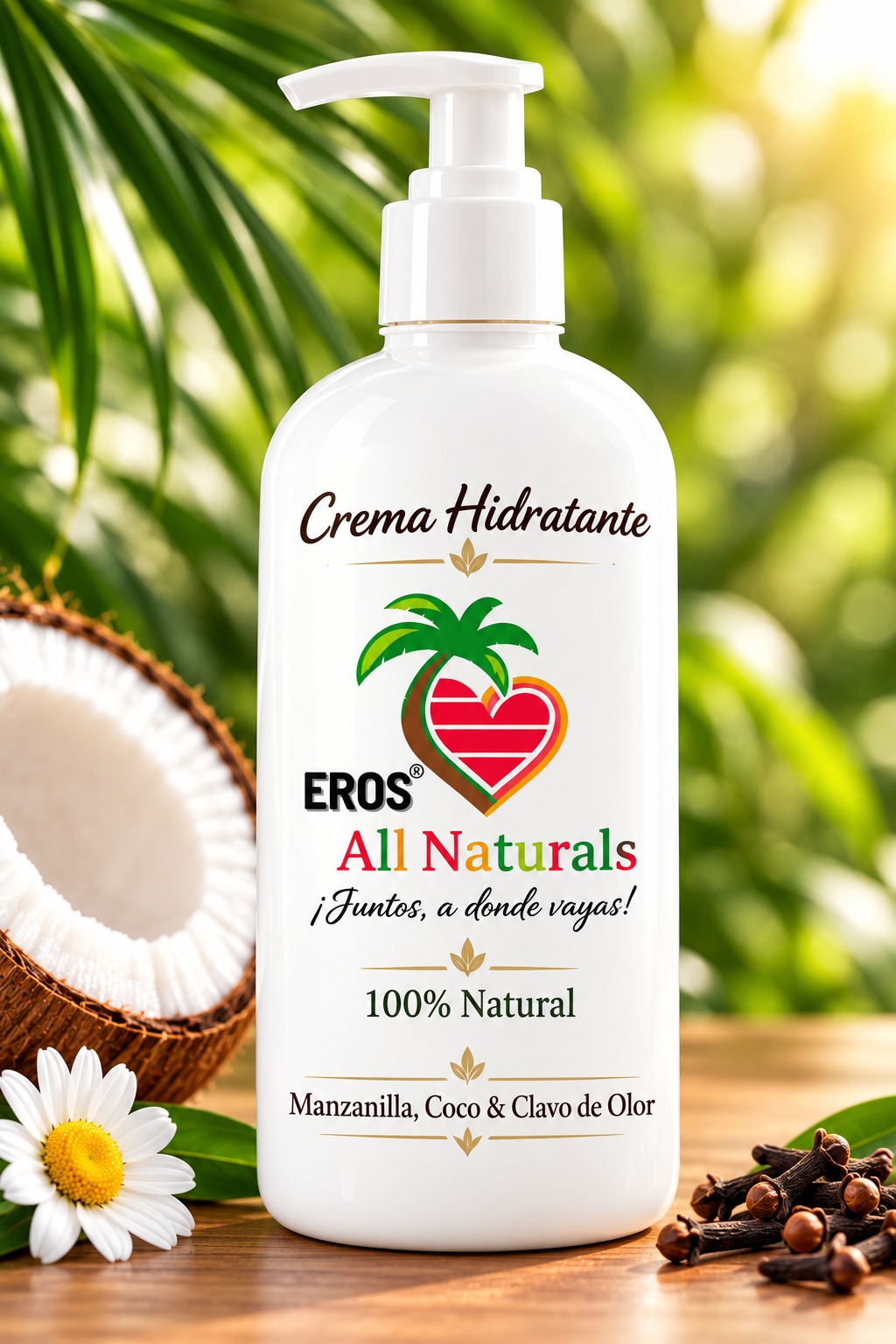 Fotografía original de la crema hidratante EROS, con su envase y etiqueta.