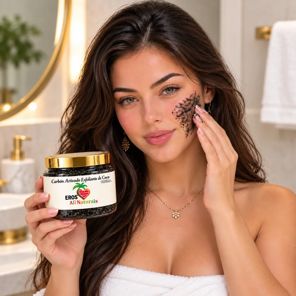 Aplicación del exfoliante de carbón de EROS, con su envase visible.